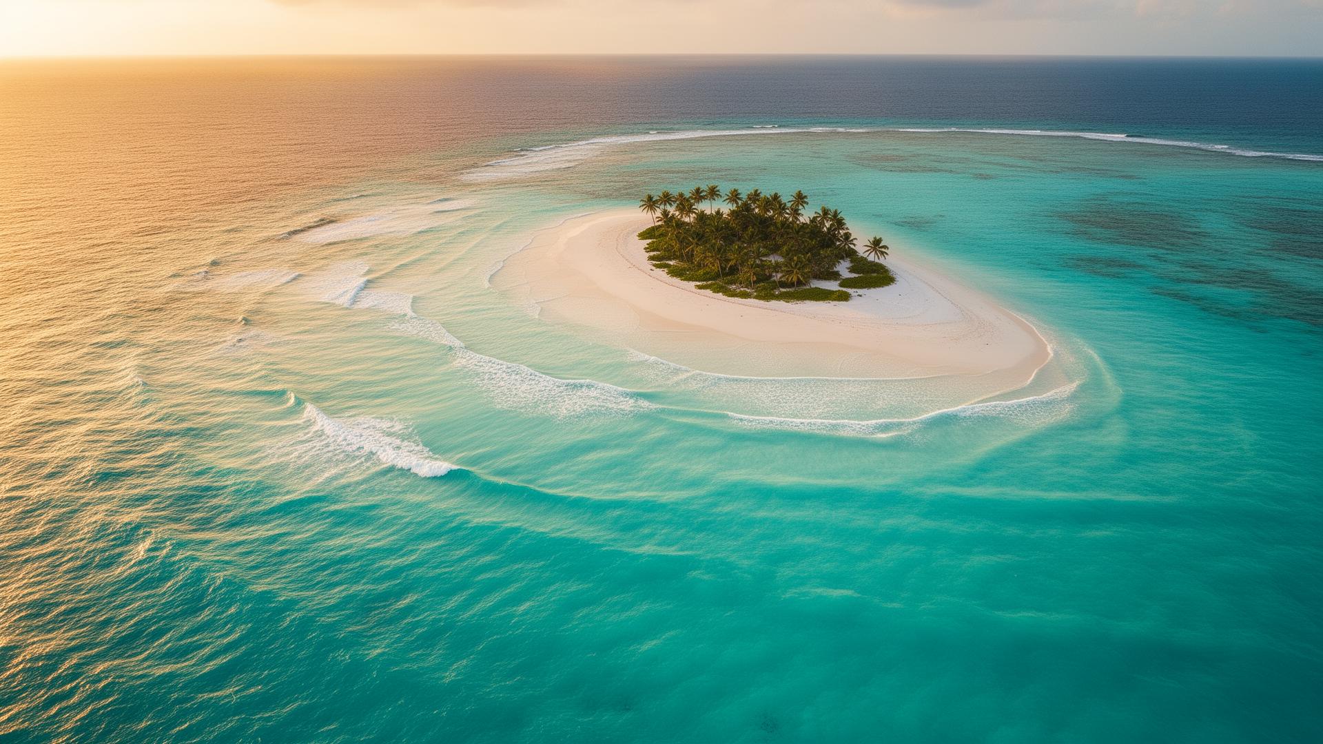 Aerial view of a Bahamian cay at golden hour