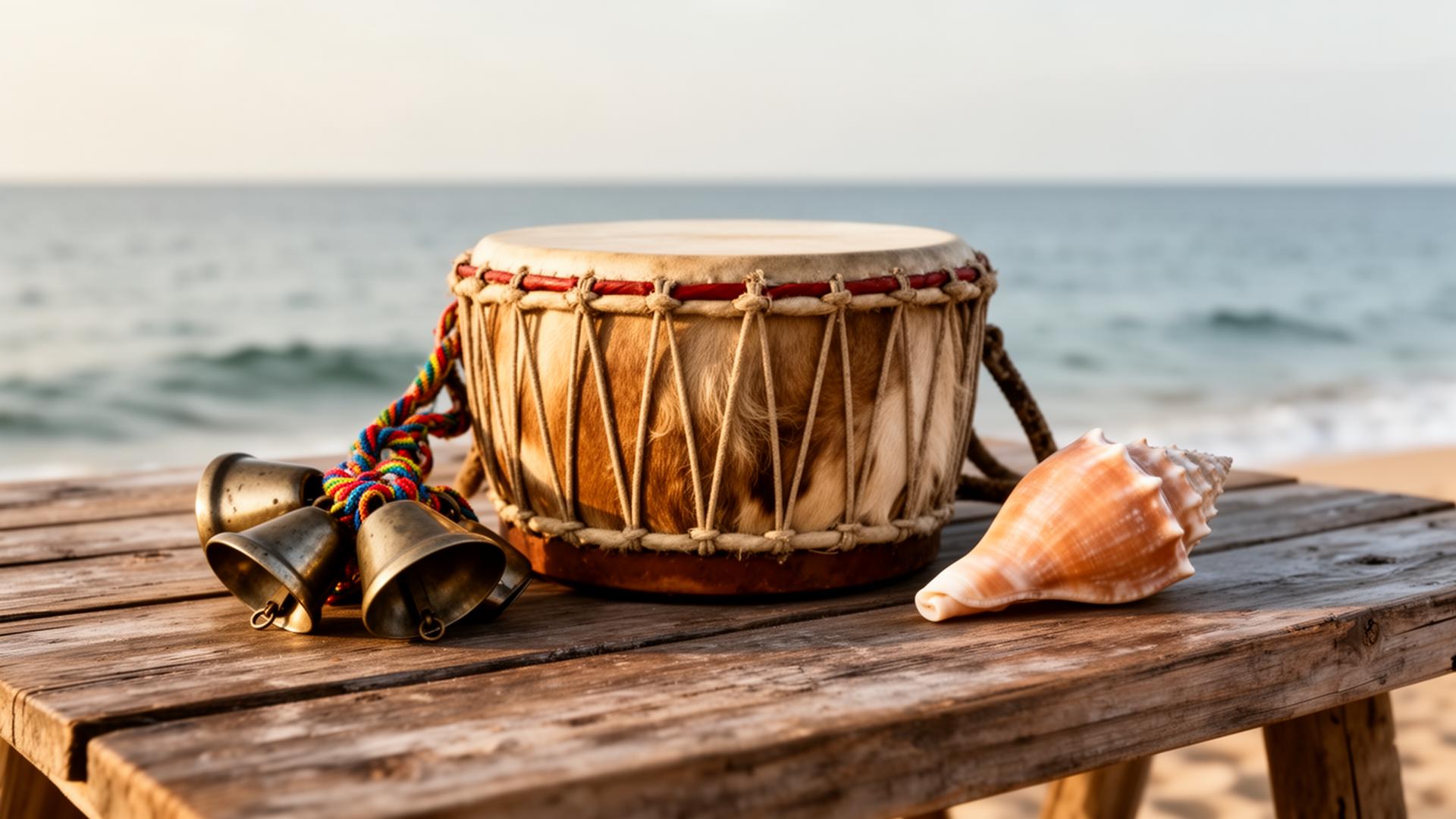 Goatskin drum, cowbells and conch by the sea