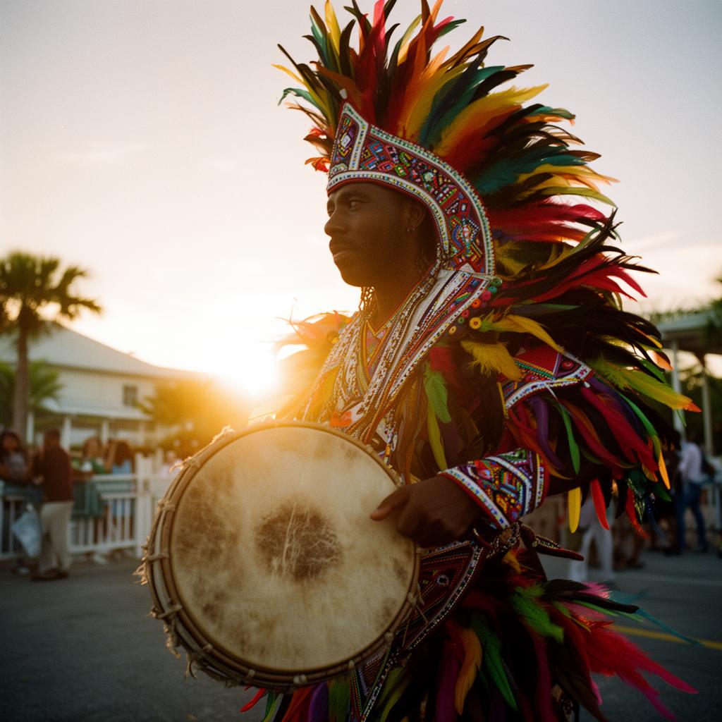 A Bahamian Junkanoo musician at sunset